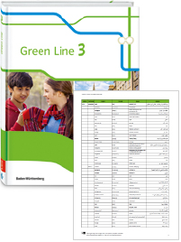Buchcover von „Green Line 3“ und Vorschaubild einer Vokabelliste „Zu Band 3“