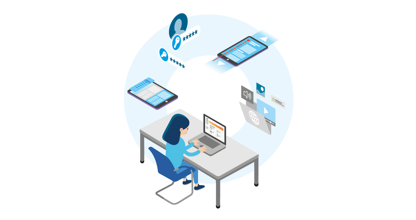 Illustration mit Tablet, Accounts, Medien und Lehrkraft am Schreibtisch am PC, angeordnet in einem Kreiselement Illustration mit Tablet, Accounts, Medien und Lehrkraft am Schreibtisch am PC, angeordnet in einem Kreiselement