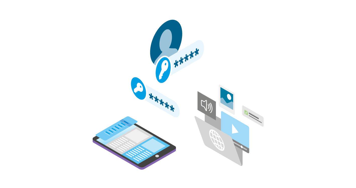 Illustration mit Tablet, Accounts, Medien Illustration mit Tablet, Accounts, Medien