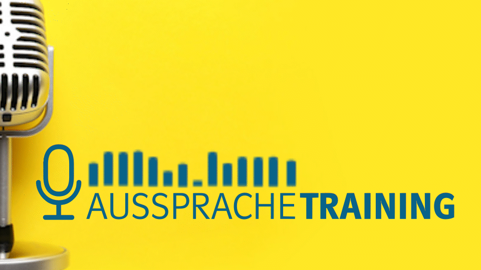 Ein Mikrofon und eine animierte Tonspur mit dem Text „Aussprachetraining“ und mit animiertem Text „Jetzt neu“