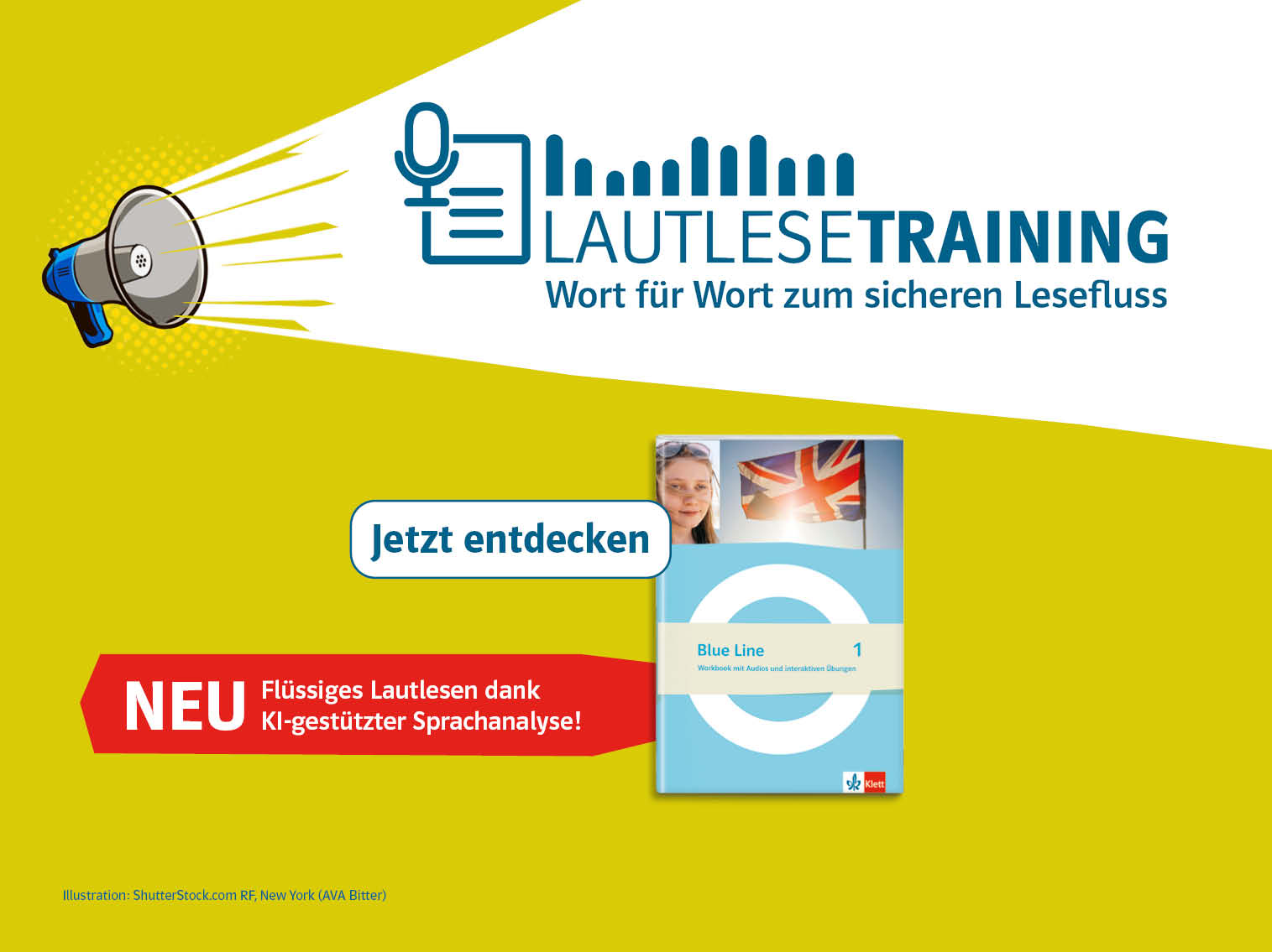 Grafik, die darauf hinweist, dass es das neues Feature Lautlesetraining für den Englischunterricht gibt
