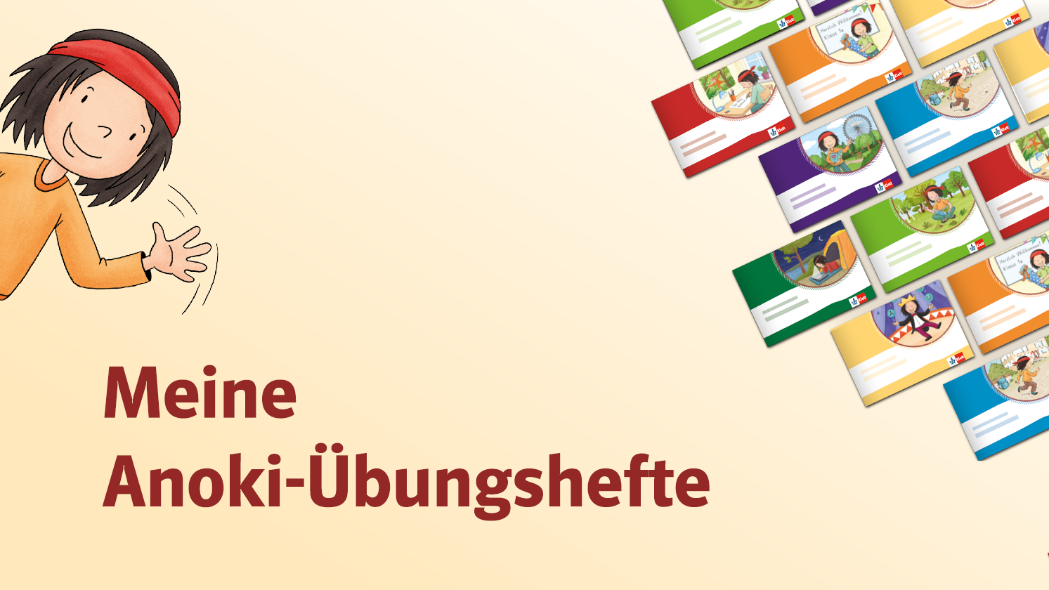 Illustration des winkenden Jungen „Anoki“ mit dem Text „Meine Anoki-Übungshefte“ und Cover mehrerer Übungshefte