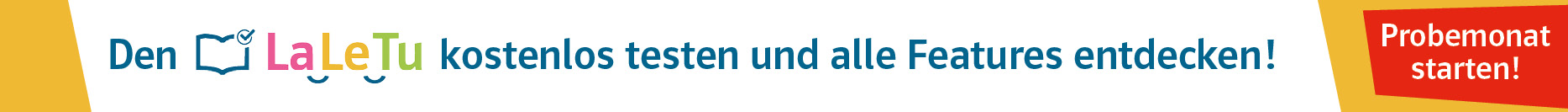Text „Den LaLeLu kostenlos testen und alle Features entdecken!“ mit Infotext „Probemonat starten!“
