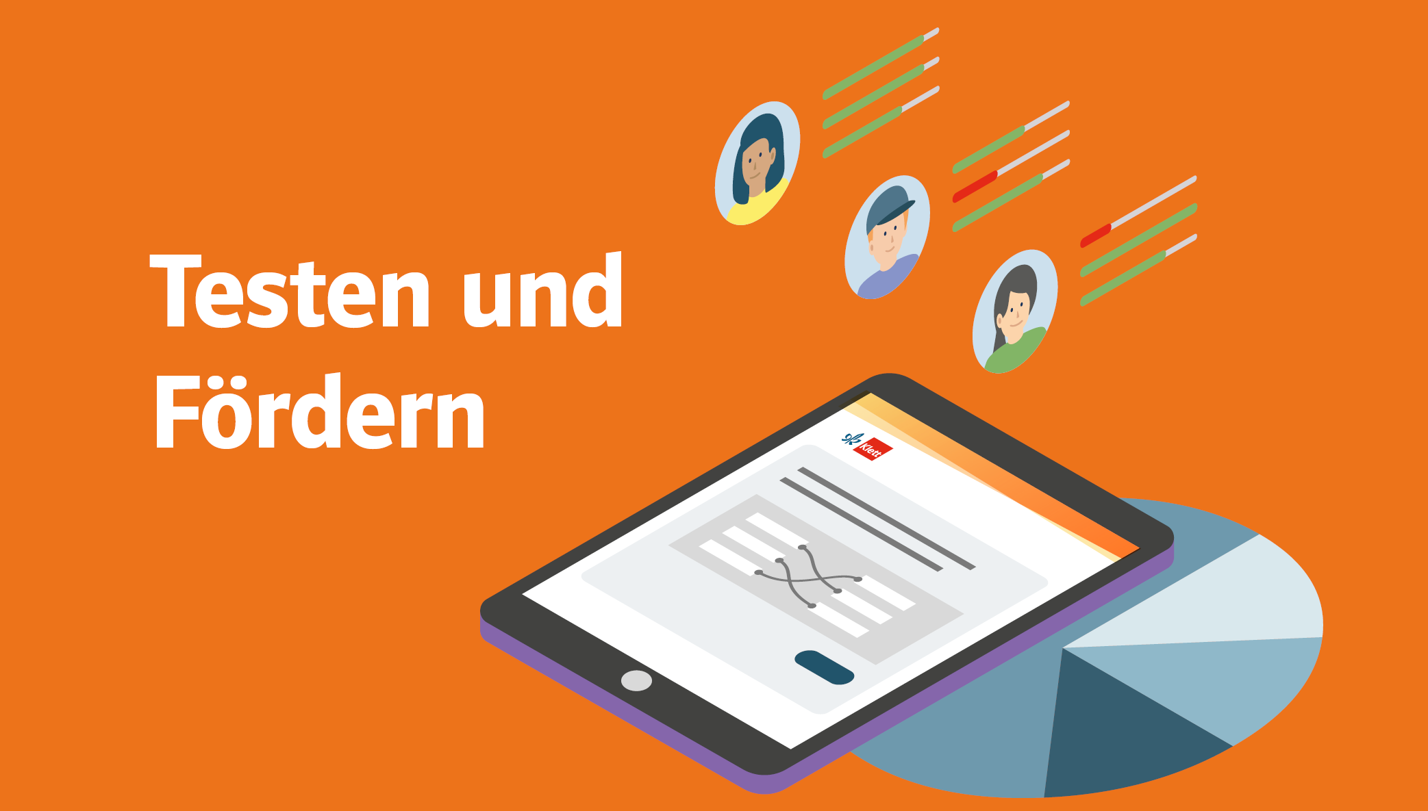 Drei Personen in Klassenzimmer mit orangefarbenem Overlay, einer Tablet-Illustration mit dem Text Testen und Fördern