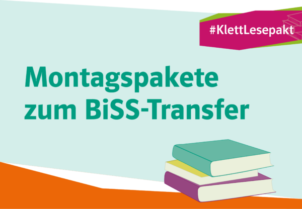 Illustration eines Bücherstapels mit dem Text „Montagspakete zum BISS Transfer“ „#KlettLesePaket“