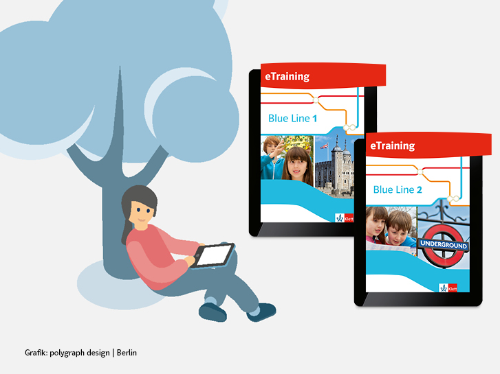 Illustration eines Mädchens unter einem Baum mit einem Tablet und Produktabbildung „Blue Line 1 und 2 eTraining”