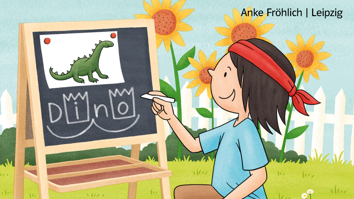 Illustration des Jungen „Anoki“, der auf eine Tafel mit Kreide das Wort „Dino“ schreibt.