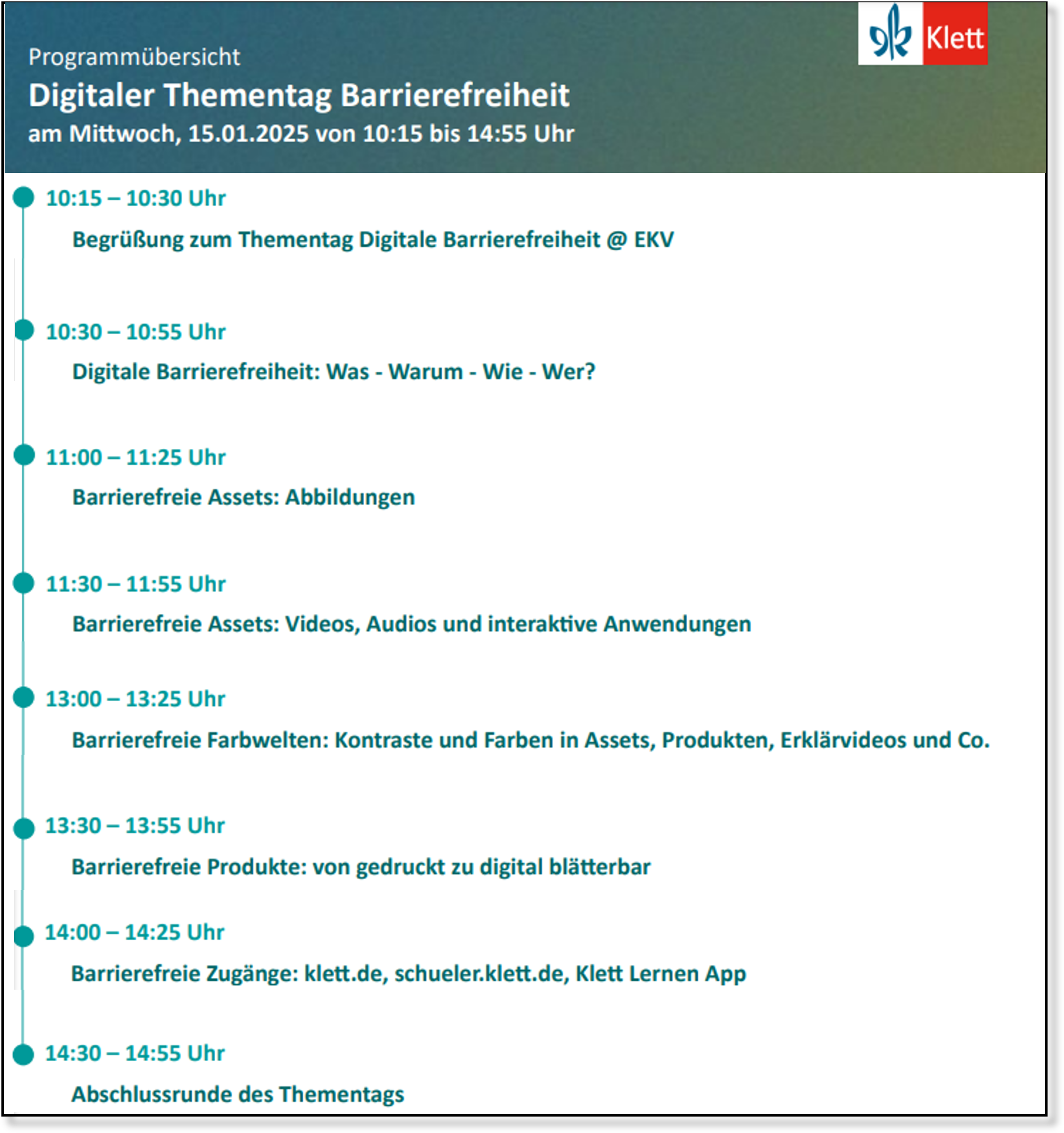 Agenda des Schulungsangebots zur digitalen Barrierefreiheit mit einzelnen Zeitslots und Themen
