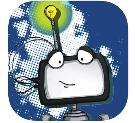 App-Icon 'Einfach Programmieren' mit Roboterkopf auf blauem Hintergrund