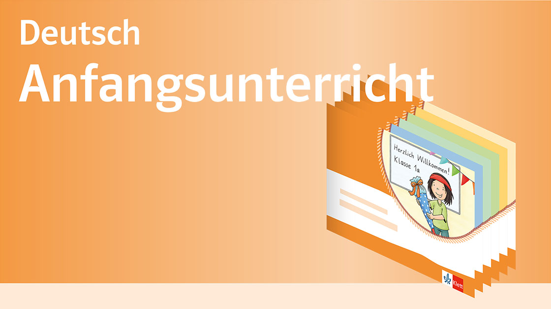 Text „Deutsch Anfangsunterricht“ auf orangenem Hintergrund und Illustration von mehreren Anoki-Übungsheft-Covern