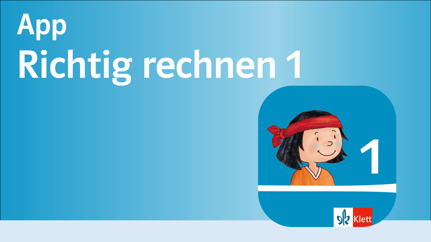 Text „App Richtig rechnen 1“ und App-Icon mit Illustration des Jungen „Anoki“ und der Zahl „1“ 