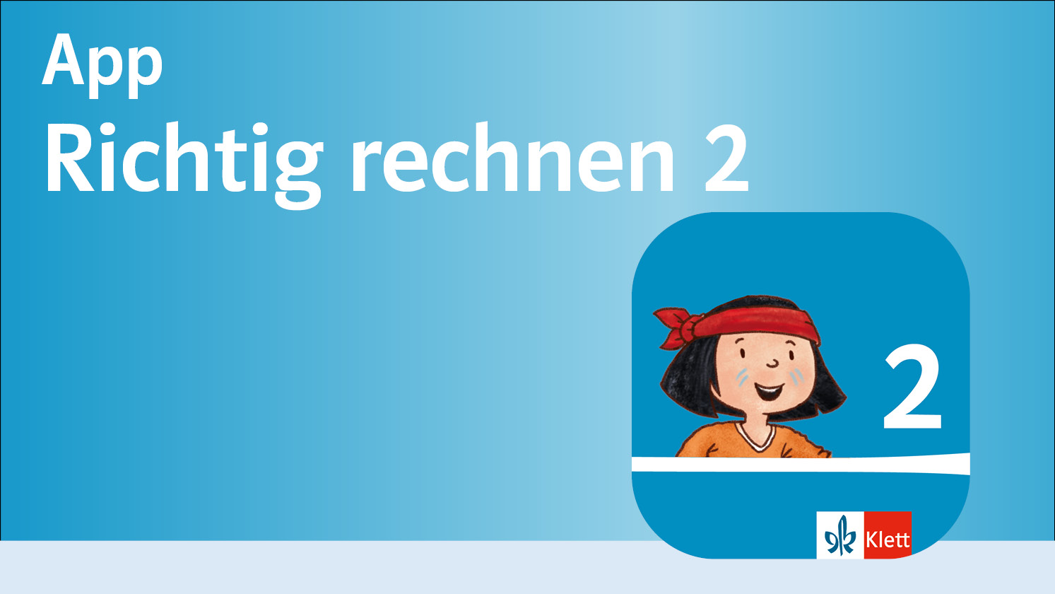 Text „App Richtig rechnen 2“ und App-Icon mit Illustration des Jungen „Anoki“ und der Zahl „2“