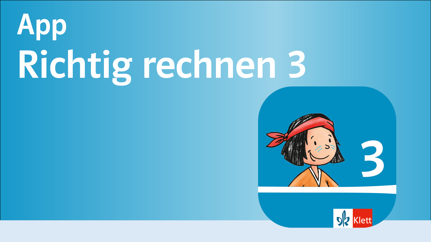 Text „App Richtig rechnen 3“ und App-Icon mit Illustration des Jungen „Anoki“ und der Zahl „3“
