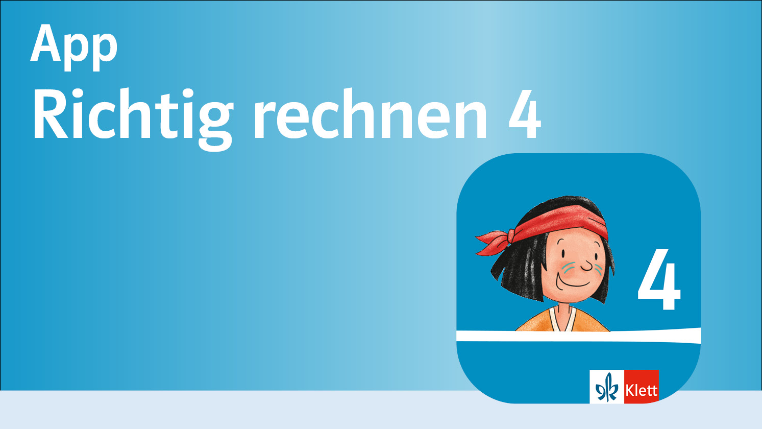 Text „App Richtig rechnen 4“ und App-Icon mit Illustration des Jungen „Anoki“ und der Zahl „4“