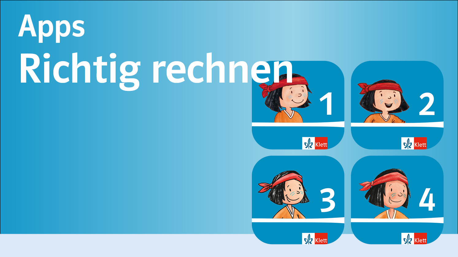 Text „Apps Richtig rechnen“ und App-Icons mit Illustrationen des Jungen „Anoki“ und den Zahlen „1“, „2“, „3“ und „4“