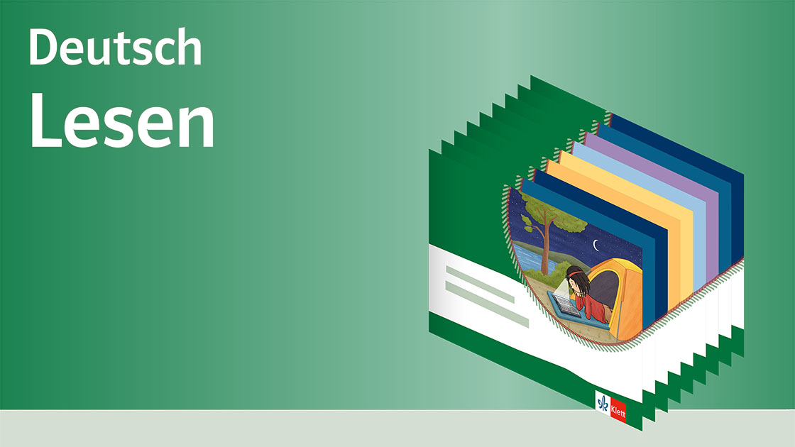 Text „Deutsch Lesen“ auf grünem Hintergrund und Illustration von mehreren Anoki-Übungsheft-Covern, die sich überlappen