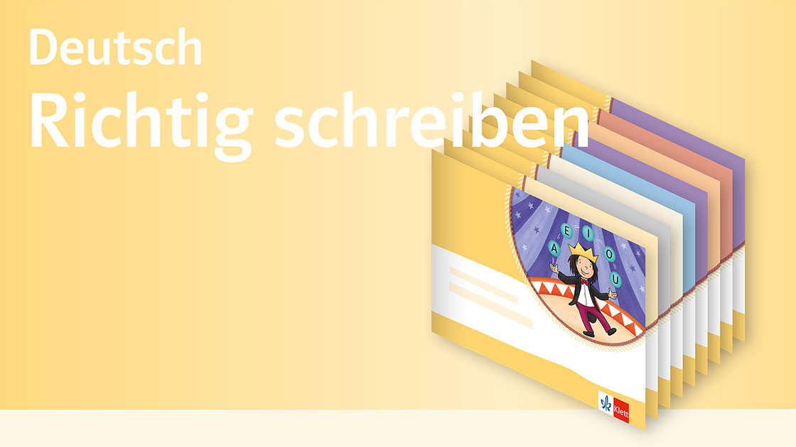 Text „Deutsch Richtig schreiben“ auf gelbem Hintergrund und Illustration von mehreren Anoki-Übungsheft-Covern