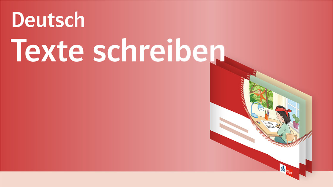 Text „Deutsch Texte schreiben“ auf rotem Hintergrund und Illustration von mehreren Anoki-Übungsheft-Covern