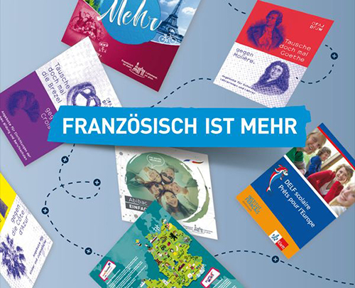 Mehrere Broschüren mit dem Text Overlay „Französisch ist mehr“