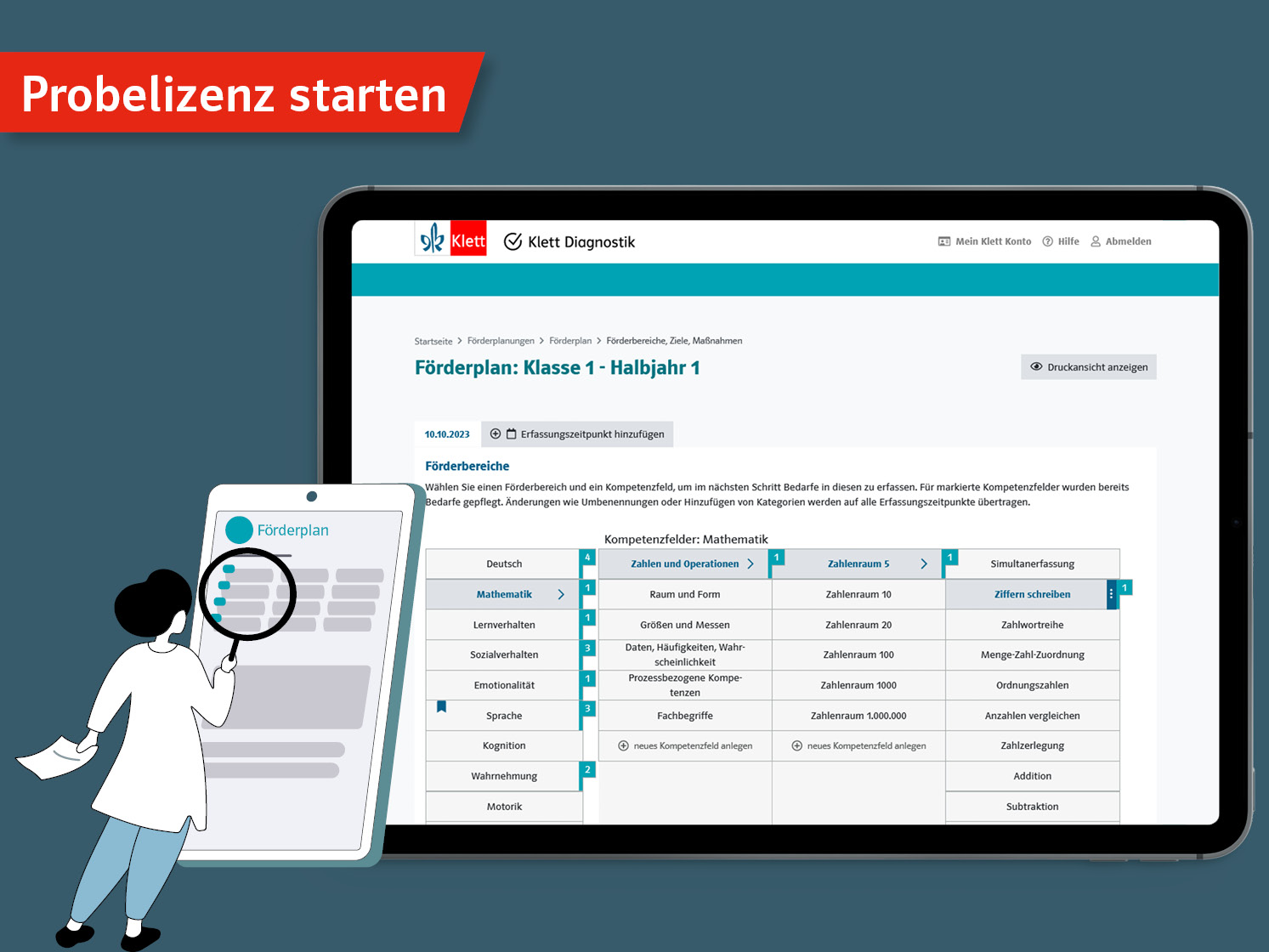 Infografik mit Schriftzug ‚Probelizenz starten‘, Tablet mit Förderplan für Klasse 1 und Illustration einer Lehrerin mit Lupe