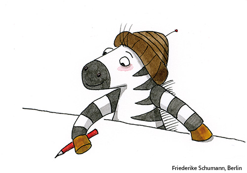 Illustration Zebra Franz am Tisch sitzend mit Stift in der Hand