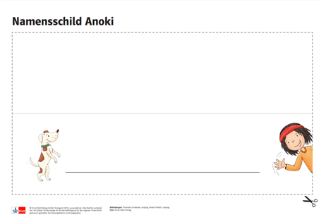 Illustration eines Hundes und des Jungen „Anoki“ auf einem Namensschild mit dem Text „Namensschild Anoki“