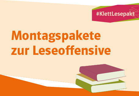 Illustration eines Bücherstapels mit dem Text „Montagspakete zur Leseoffensive #KlettLesepakt“