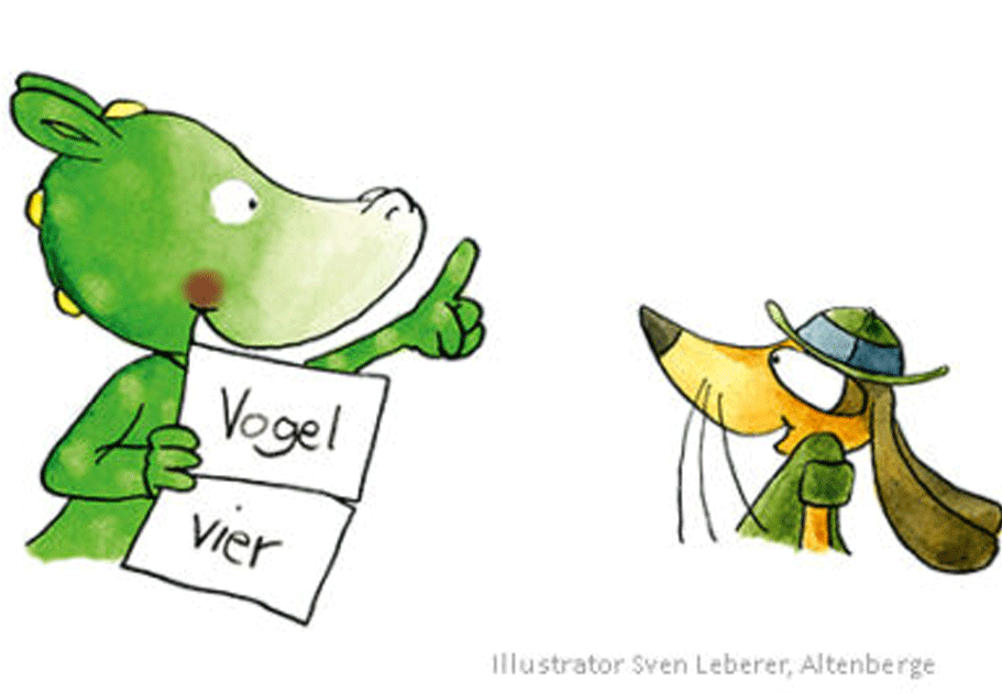 Illustration von „Niko“ und „Hugo Hörnchen“. Der Drache hält zwei Schilder mit dem Text „Vogel“ und „vier“