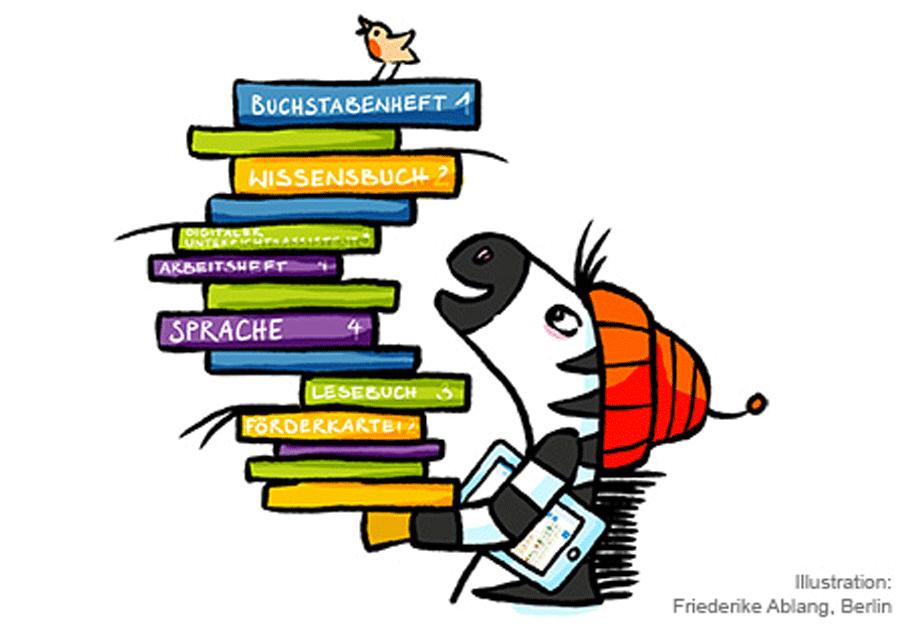 Illustration des Zebras „Franz“, das bunte Bücher und ein Tablet hält. Ein Vogel sitzt auf den Büchern.