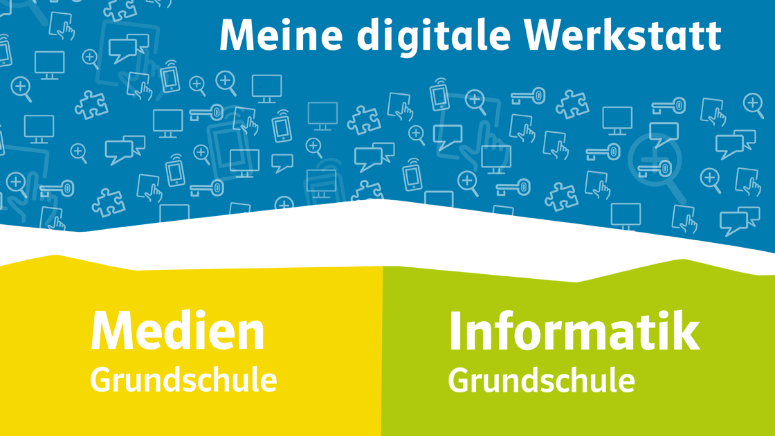 Illustration mehrerer Symbole mit dem Text „Meine digitale Werkstatt“, „Medien Grundschule“ und „Informatik Grundschule“