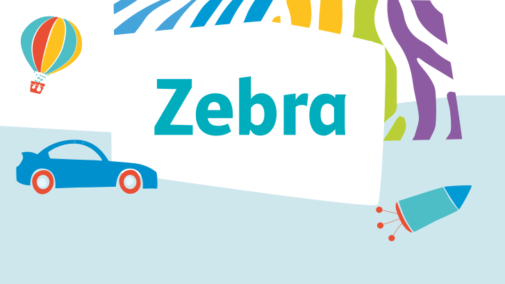 Illustrationen eines Heißluftballons, eines Autos und einer Rakete, mit dem Text „Zebra“