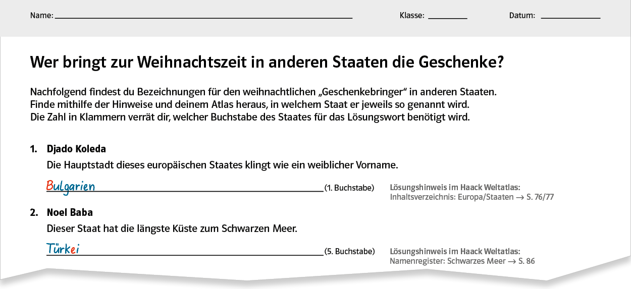 Haack Weltatlas Weihnachten Kopiervorlage