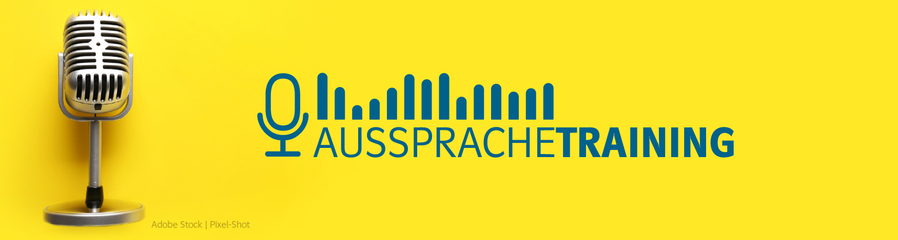 Mikrofon auf gelbem Hintergrund und Logo von Aussprachetraining mit Illustration eines Mikrofons und einer Tonspur