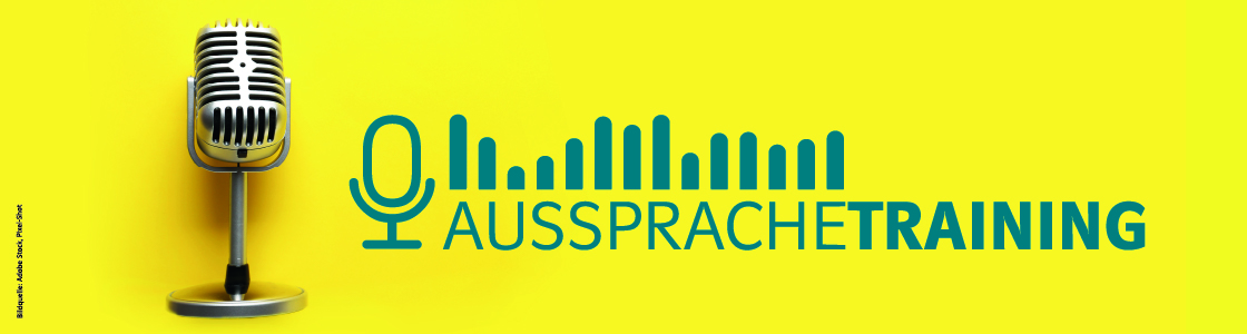 Mikrofon auf gelbem Hintergrund und Logo von „Aussprachetraining“ mit Illustration eines Mikrofons und einer Tonspur