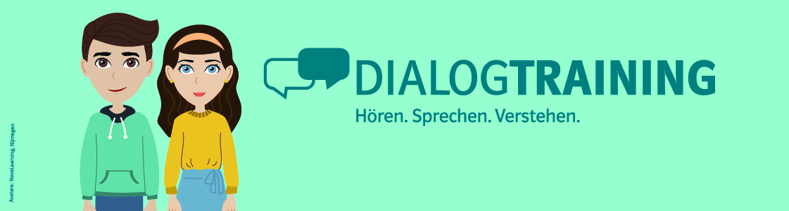 Illustration eines Jungen und eines Mädchen neben dem Logo von „Dialogtraining“ „Hören.Sprechen.Verstehen“