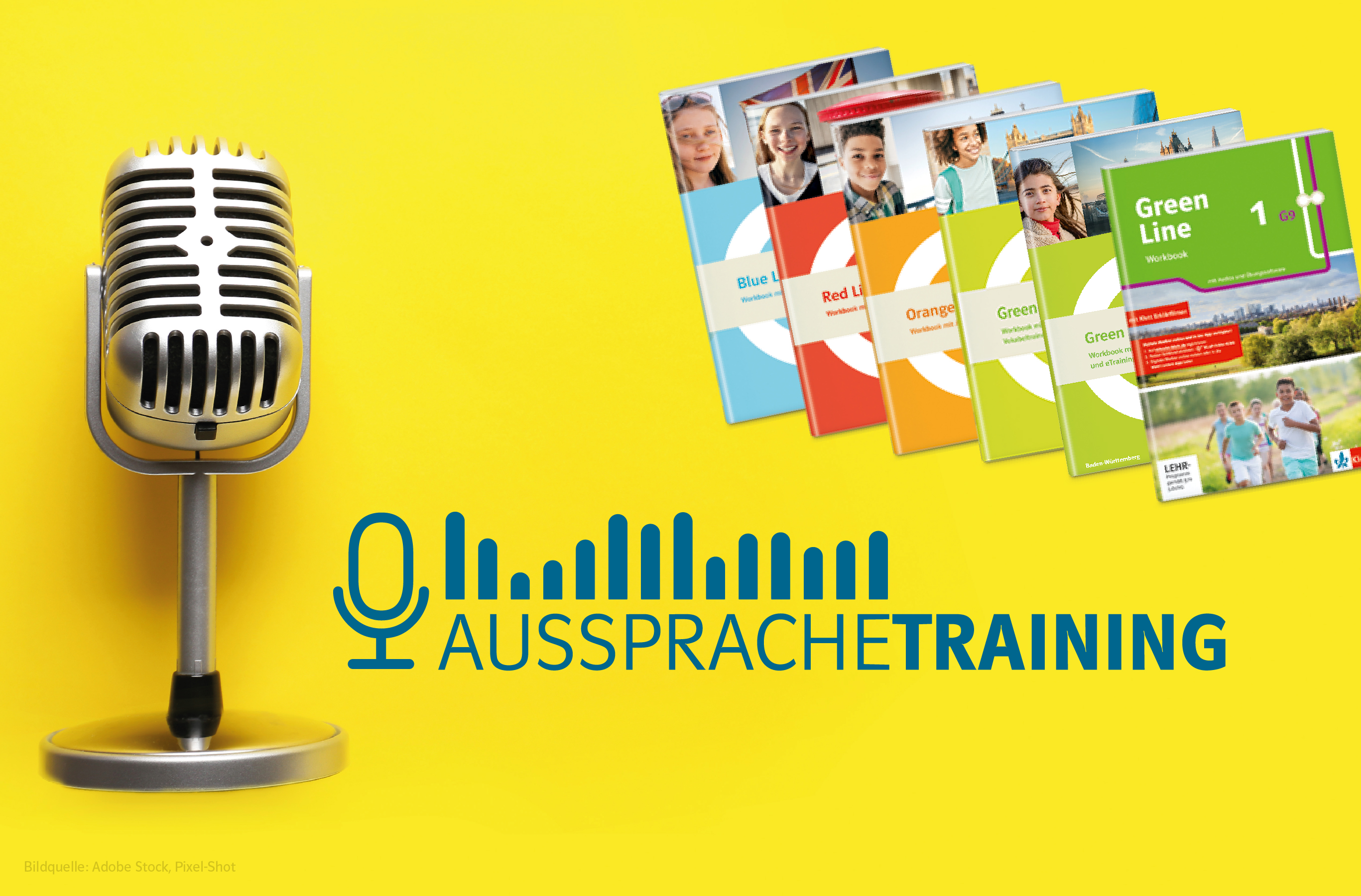 Mikrofon und Logo Aussprachetraining mit Buchcover der Englisch-Lehrwerke. Jetzt in den Workbooks mit Übungssoftware