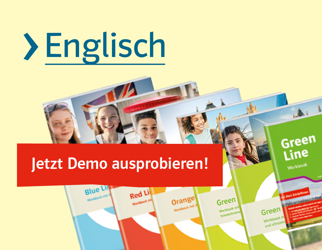 Text Englisch und Buchcover von Blue Line, Red Line, Orange Line, Green Line. Jetzt Demo ausprobieren