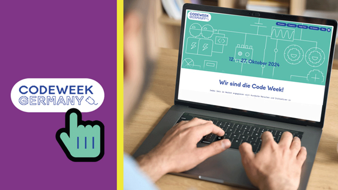 Schriftzug 'CODEWEEK Germany', Person tippt am Laptop auf der Code Week Landingpage
