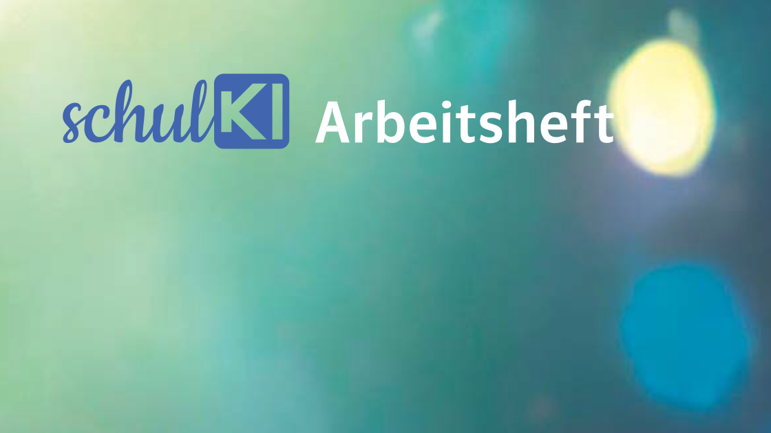 Illustration einer verschwommenen Ampel mit dem Logo „schulKI“ und dem Text „Arbeitsheft“
