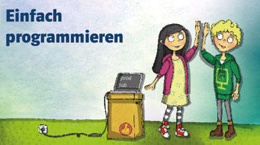 Schriftzug 'Einfach programmieren', Junge und Mädchen klatschen sich die Hände neben einem PC