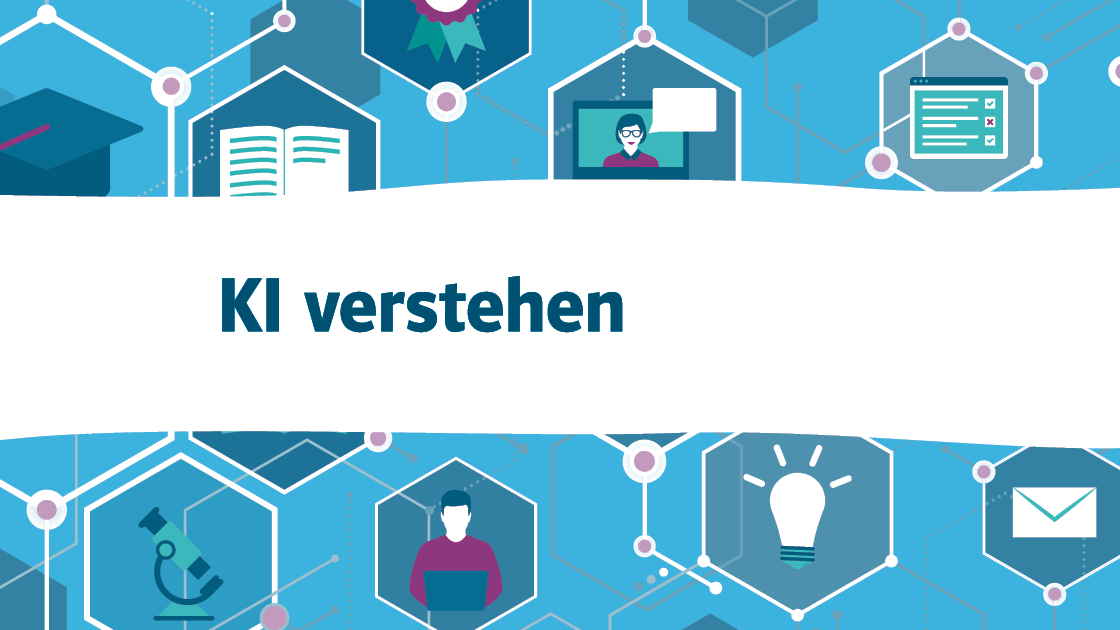 Illustration mehrerer digitaler und analoger Medien in Waben mit dem Text „KI verstehen“