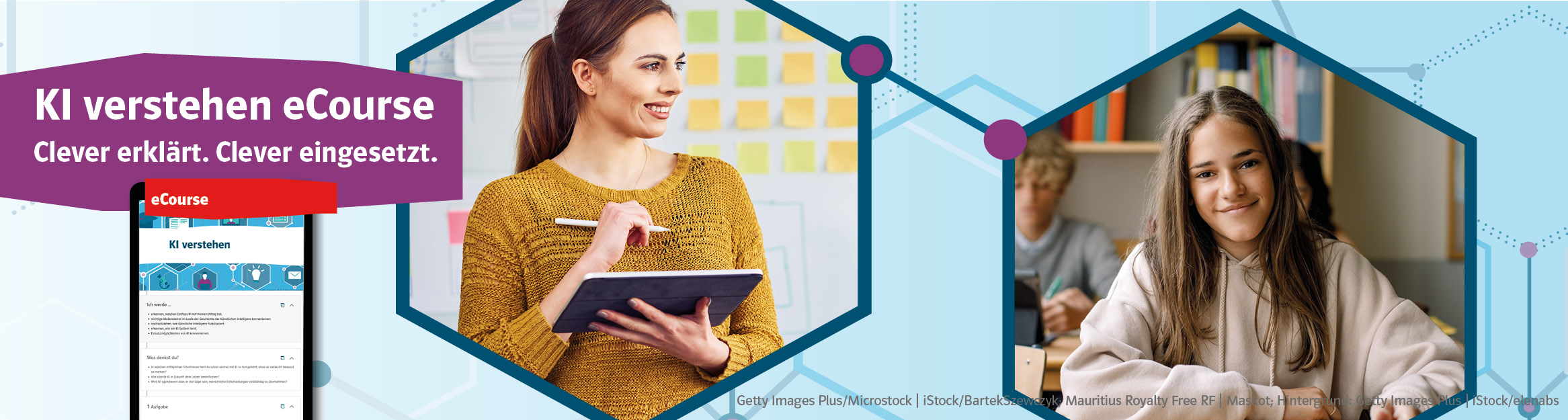 Frau mit Tablet und Schülerin in einer Illustration von Waben mit Tablet und Produktabbildung „KI verstehen eCourse“