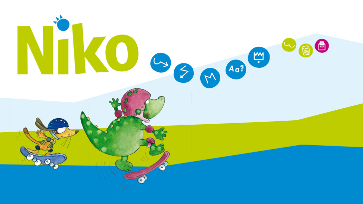 Illustration des Drachens „Niko“ und des Streifenhörnchens „Hugo Hörnchen“, die Skateboard fahren, mit dem Text „Niko“ 