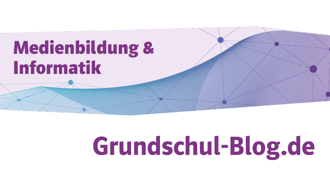  Schriftzug ‘Medienbildung und Informatik im Grundschul-Blog’ auf dekorativem Hintergrund
