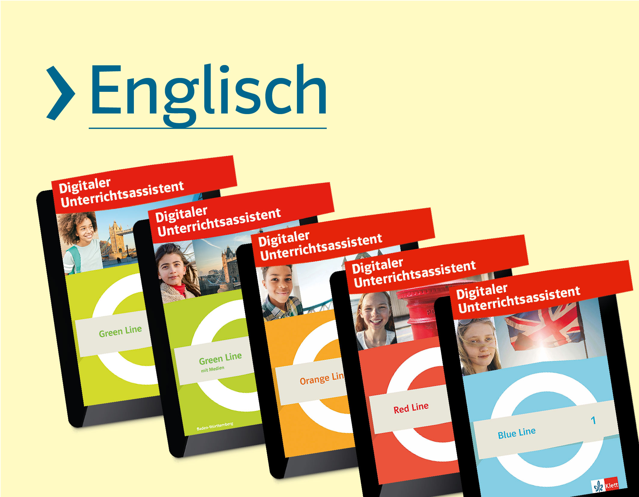 Schulsafari Bereich Englisch mit der Aufschrift Ab Herbst 2025. Tablets mit Digitalem Unterrichtsassistenten