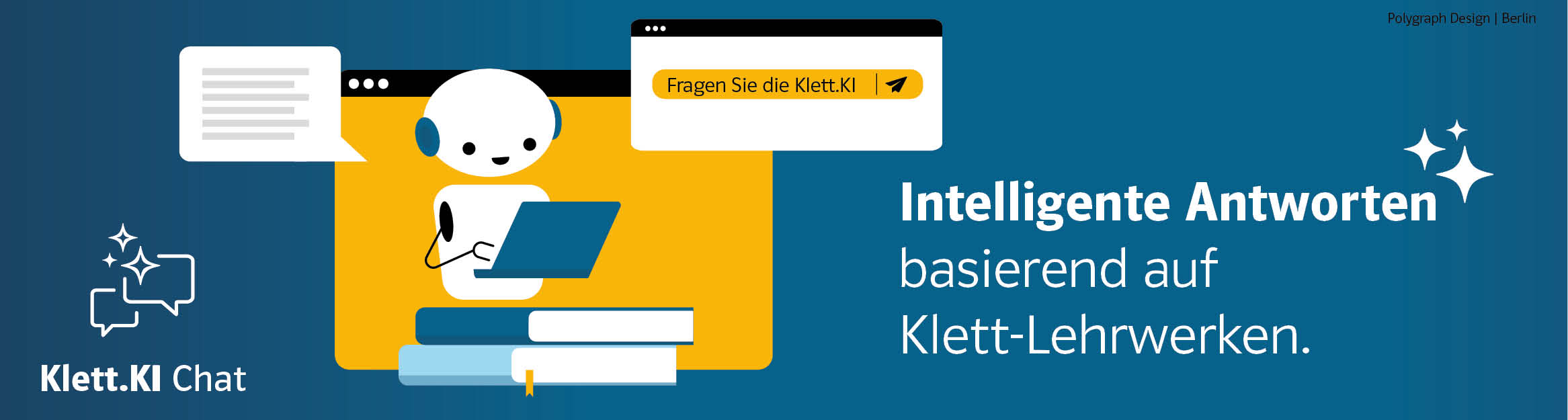 Illustration eines Roboters mit Text „Intelligente Antworten basierend auf Klett-Lehrwerken“ und Logo „Klett.KI Chat“