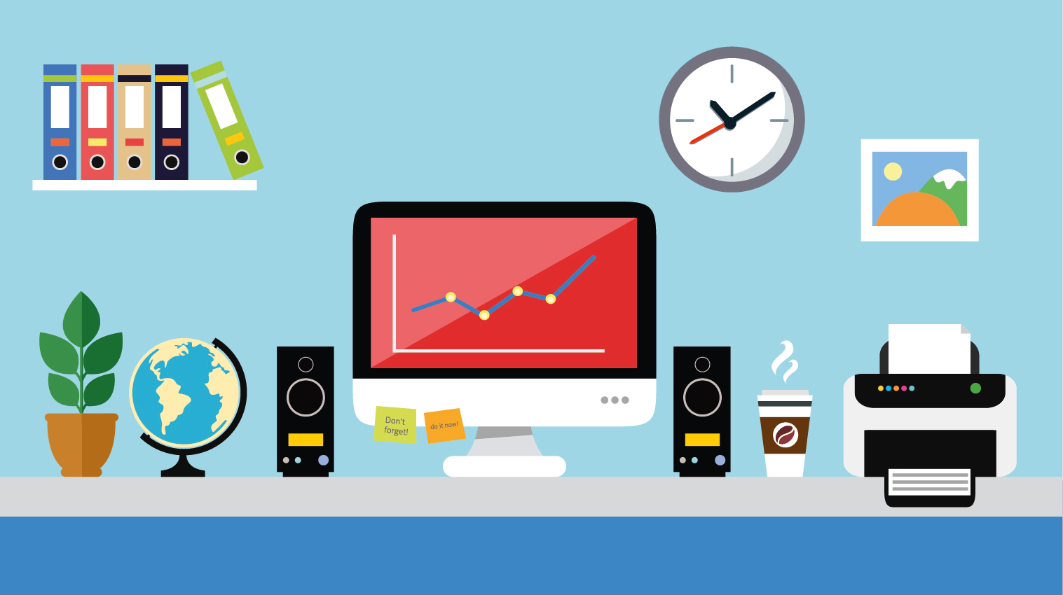 Illustration eines Büroplatzes mit PC, Drucker, Ordnern, Kaffee, Uhr und Lautsprechern