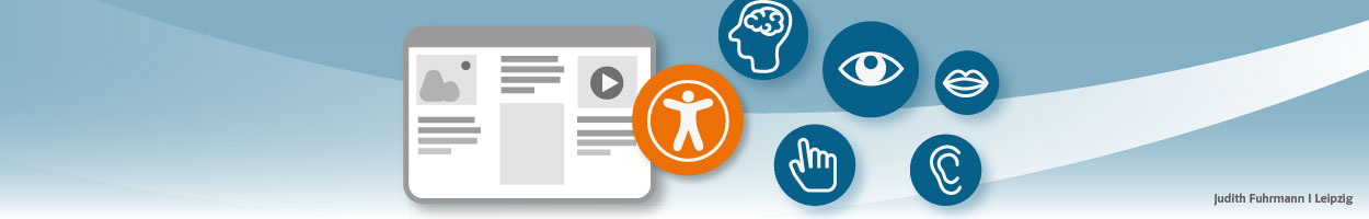 Illustration mit Device und verschiedenen Icons wie Barrierefreiheit, Mund, Ohr, Auge