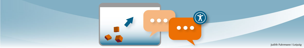 Illustration von digitalem Device mit Sprechblasen und Icon für Barrierefreiheit