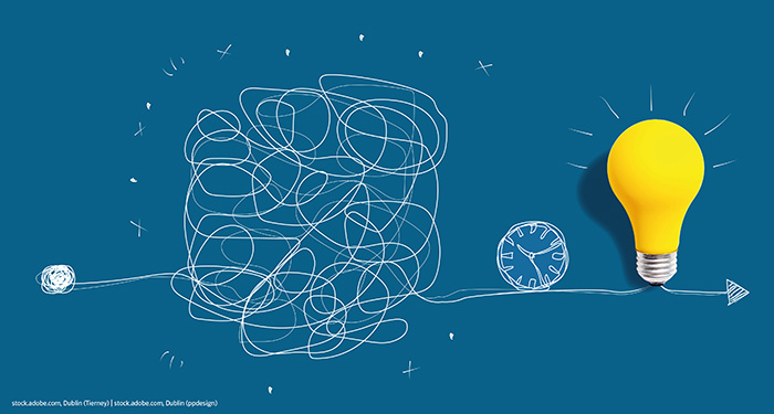 Illustration eines Prozesses mit einem Punkt, einem Gehirn, einer Uhr und einer Glühbirne